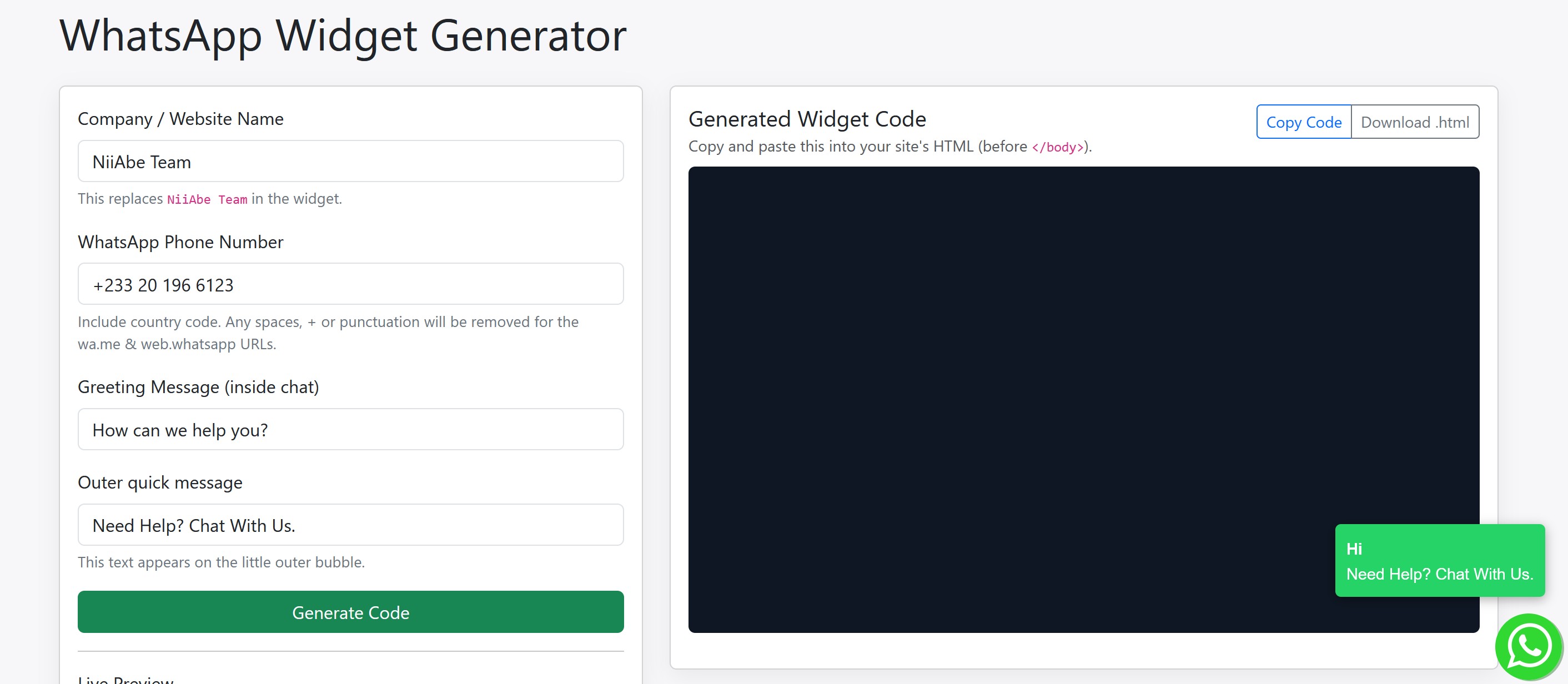 WhatsApp Widget Generator